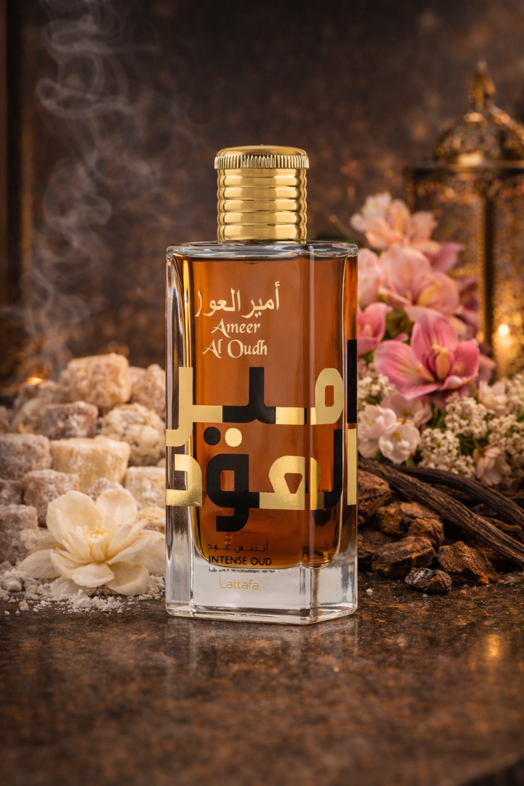 Lattafa Ameer Al Oudh Intense Oud perfume bottle with sugar and vanilla scent notes in the background, warm sweet woody fragrance for men