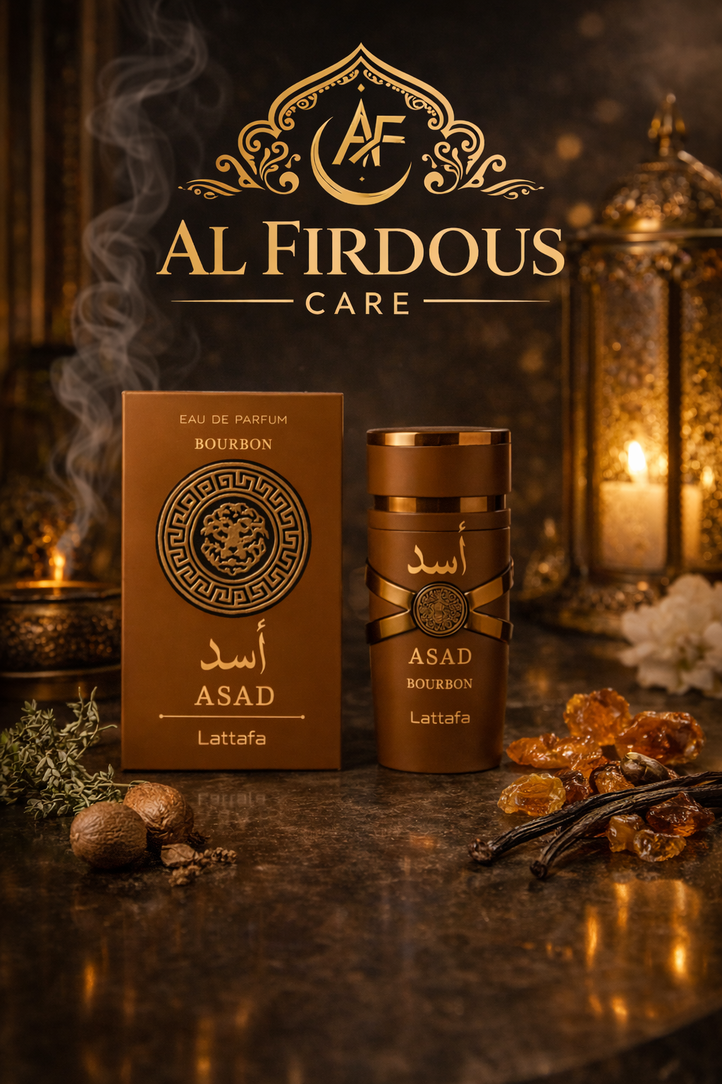 Asad Bourbon by Lattafa bottle and packaging with vanilla beans and candles, rich woody vanilla scent for men