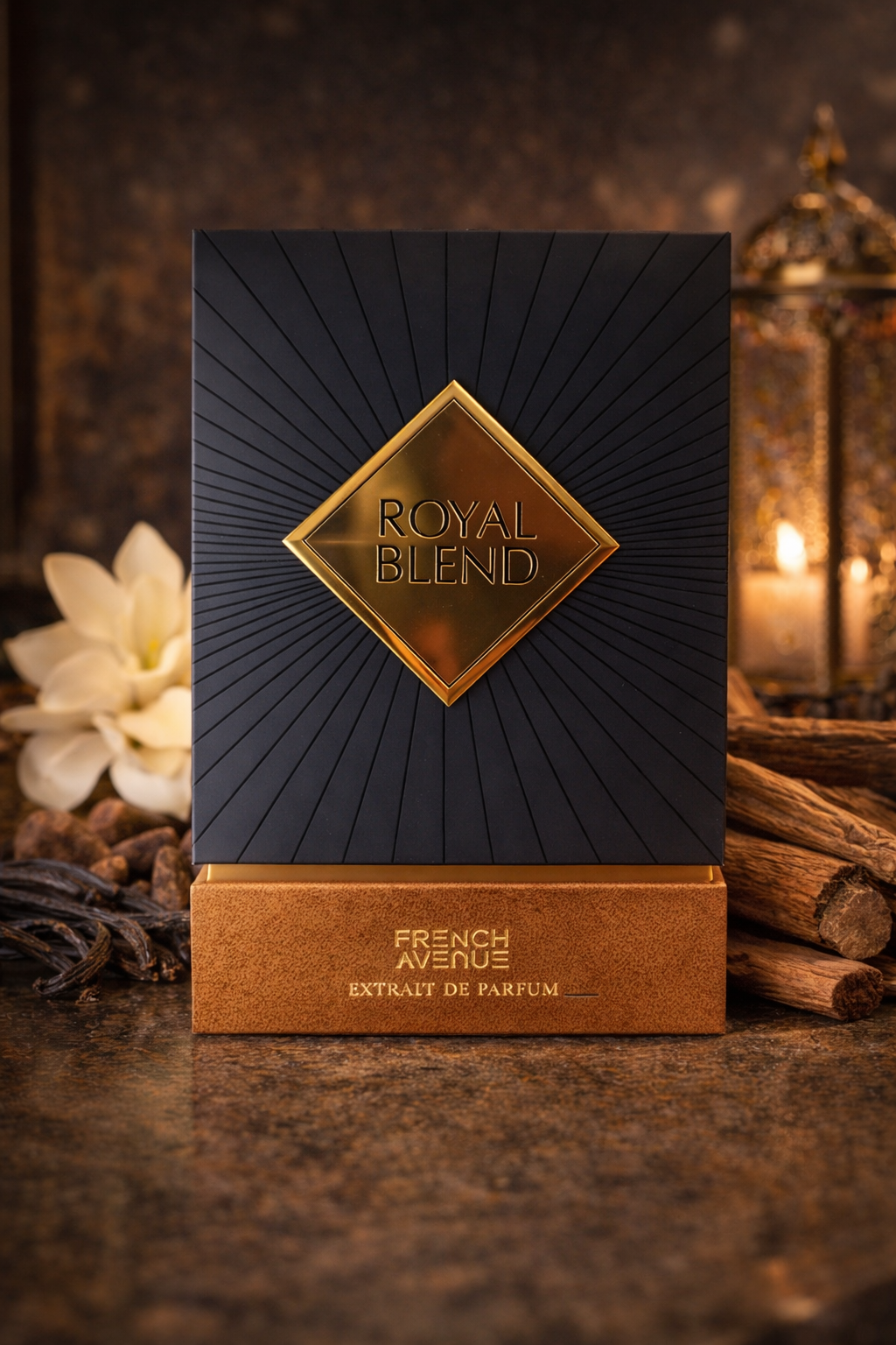 Royal Blend 100ml EDP by French Avenue perfume box with branding on dark background, luxury unisex fragrance packaging