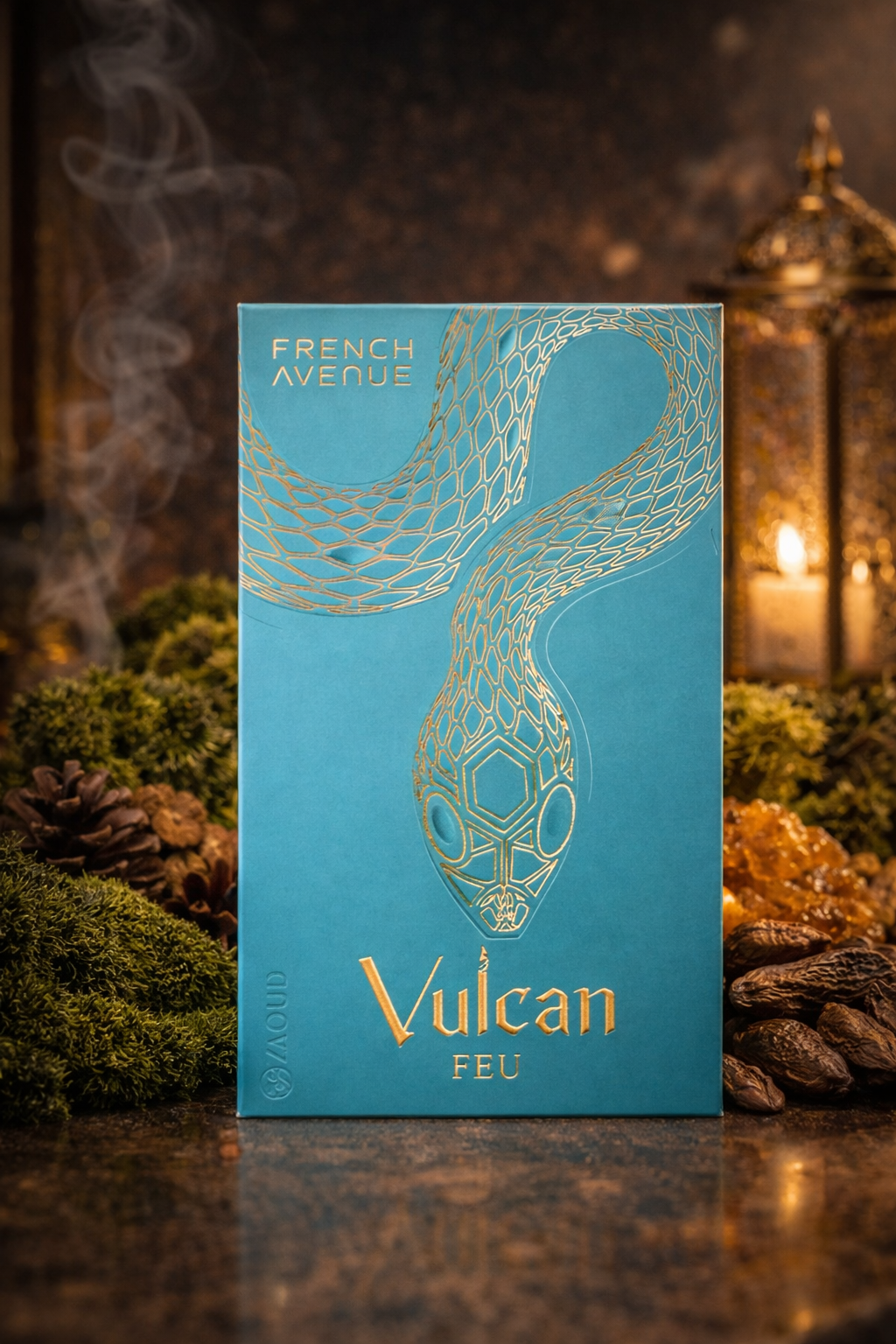 Vulcan Feu by French Avenue perfume packaging set against a natural backdrop of moss and cedarwood, evoking its earthy, woody scent profile with rich green and forest-inspired notes