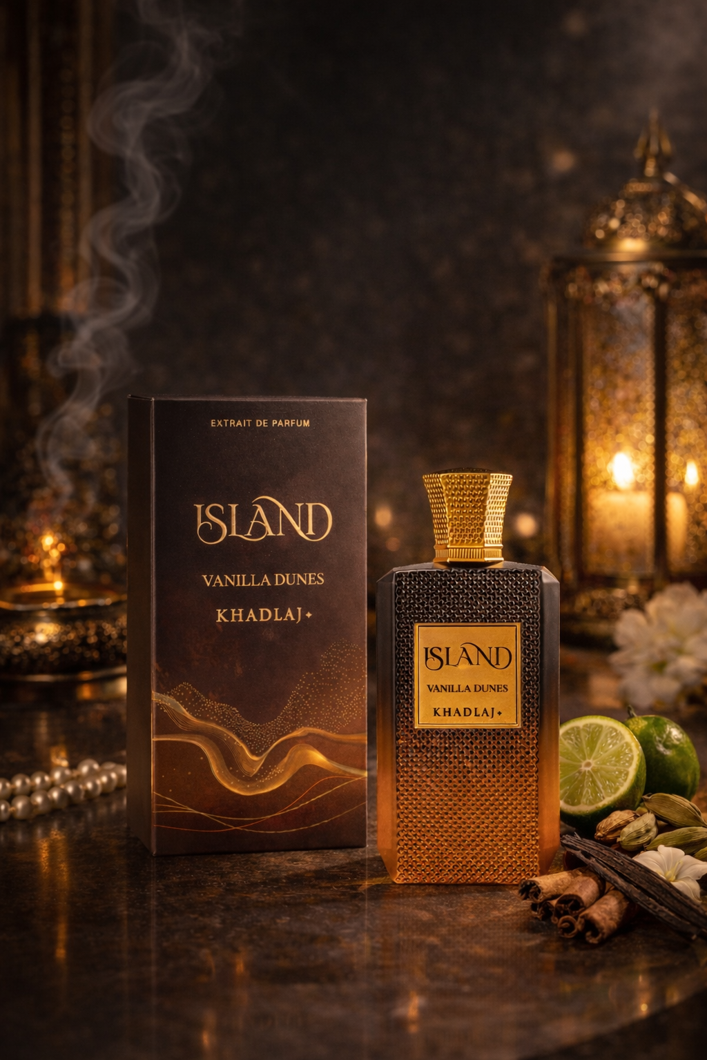 Luxury Island Vanilla Dunes Khadlaj unisex perfume bottle and box with vanilla, cinnamon and citrus notes, warm gourmand fragrance