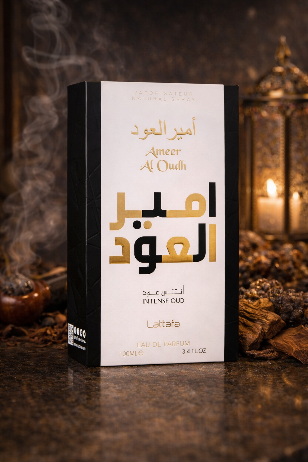 Lattafa Ameer Al Oudh Intense Oud perfume packaging with vanilla and woody scent notes in the background, warm sweet Arabian fragrance for men