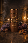 Asad Bourbon by Lattafa perfume with lavender and fruity notes on dark background, bold masculine scent