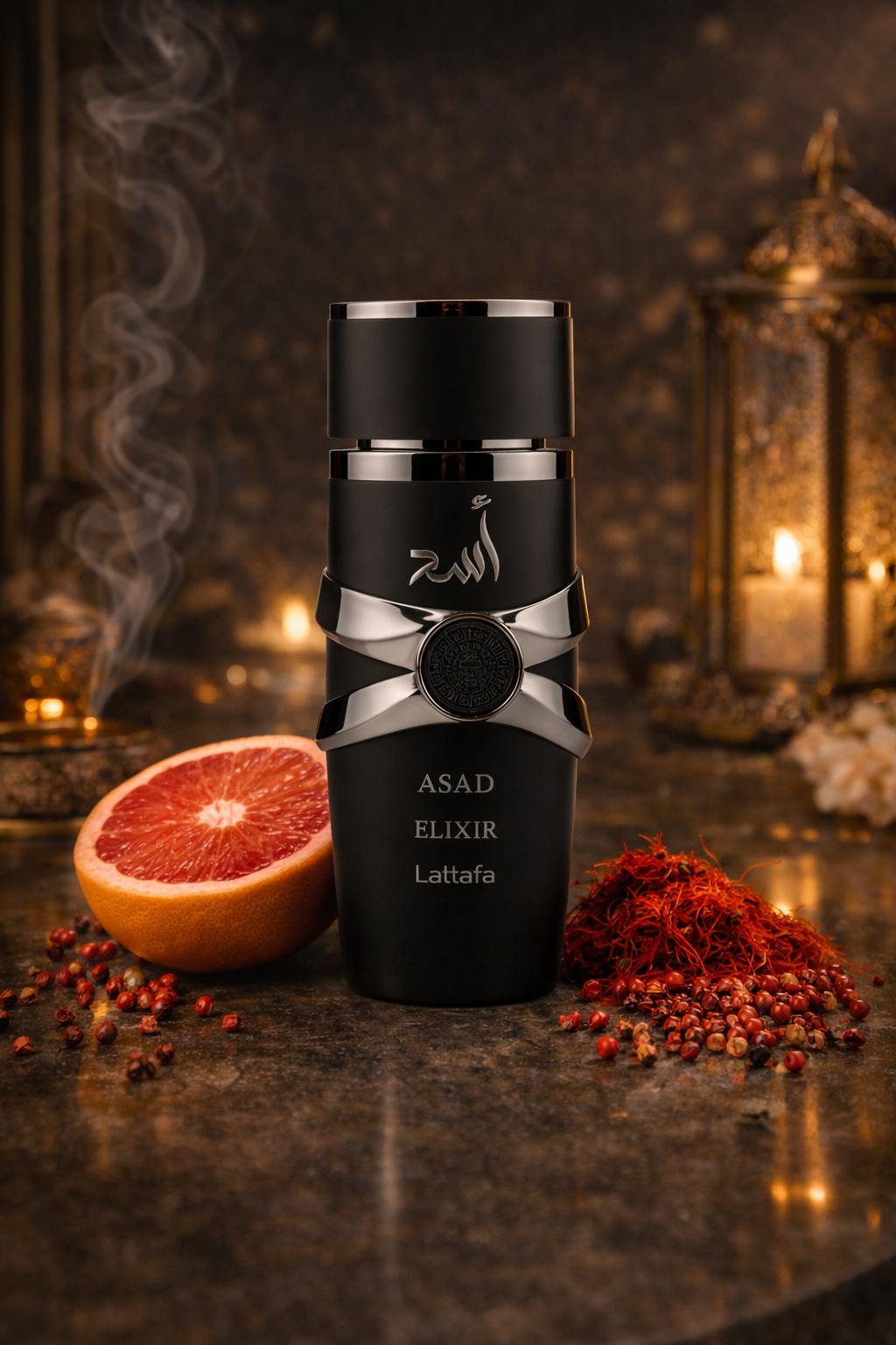 Lattafa Asad Elixir men’s perfume bottle surrounded by rich scent notes on gold backdrop, premium masculine fragrance