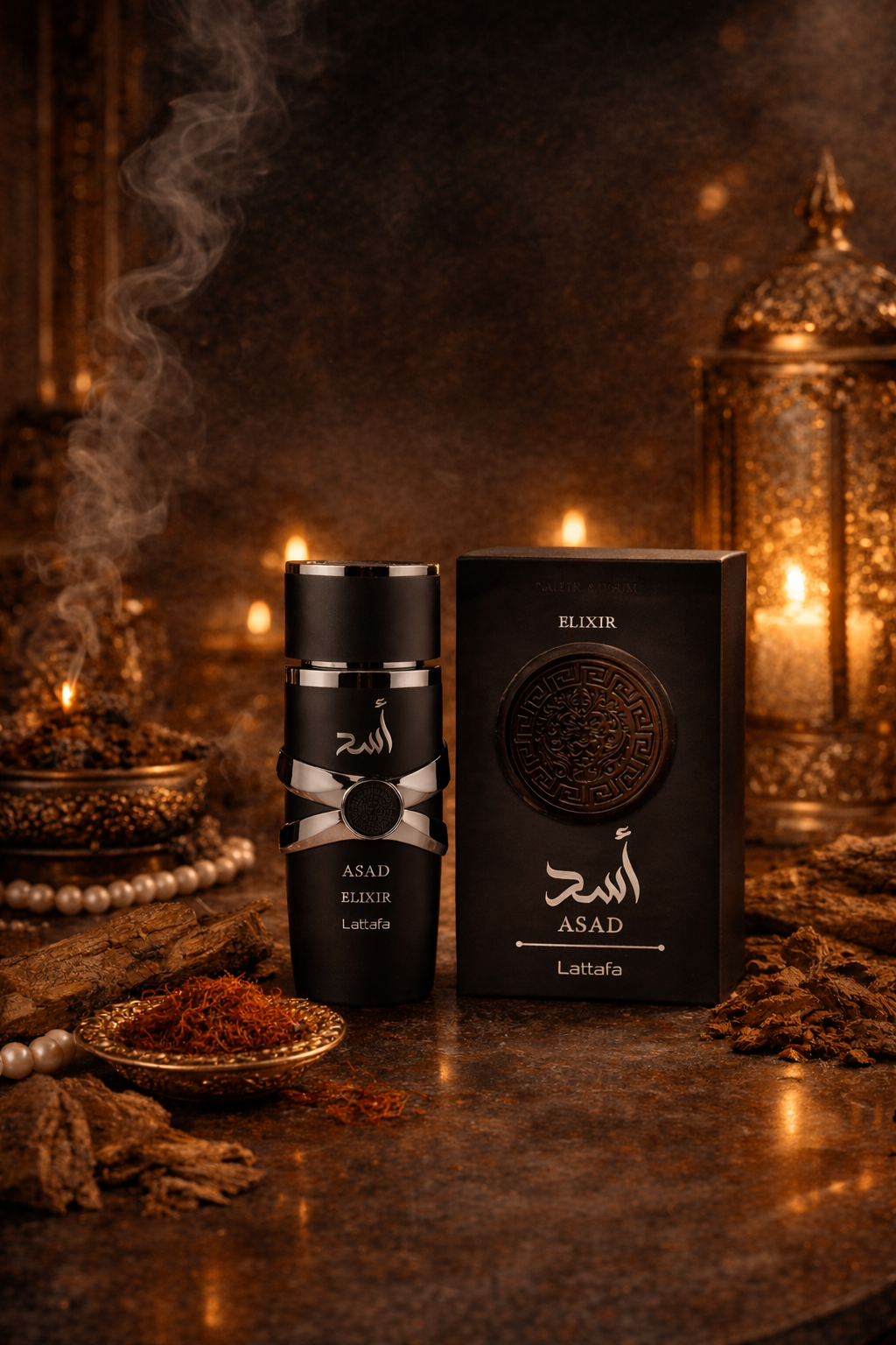 Lattafa Asad Elixir men’s perfume bottle and box surrounded by saffron and rich scent notes, premium masculine fragrance on gold backdrop