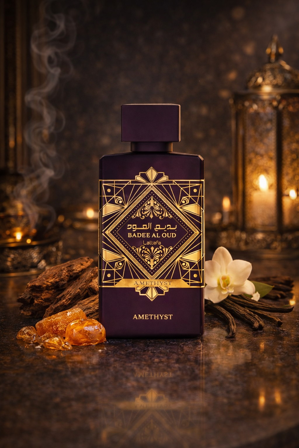 Badee Al Oud Amethyst by Lattafa unisex fragrance bottle, deep woody floral oud perfume for men and women