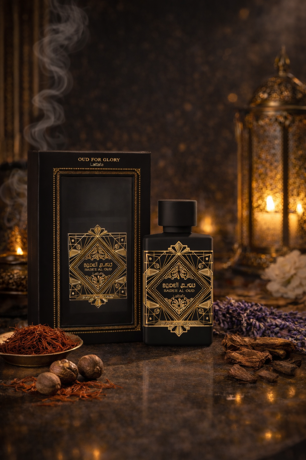 Lattafa Badee Al Oud For Glory unisex oud perfume bottle and packaging with nutmeg and lavender, luxury woody spicy scent