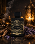 Badee Al Oud For Glory perfume bottle by Lattafa with detailed design, lavender flowers and wood, luxury oud fragrance