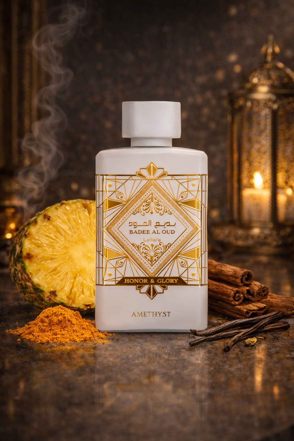 Lattafa Badee Al Oud Honour and Glory perfume bottle with pineapple, cinnamon and vanilla notes, rich unisex woody sweet scent