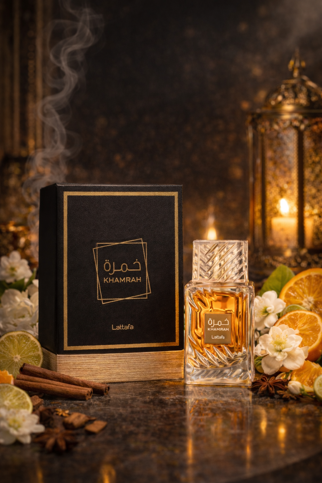 Lattafa Khamrah unisex perfume with bottle and packaging, featuring vanilla, cinnamon and orange citrus on dark background