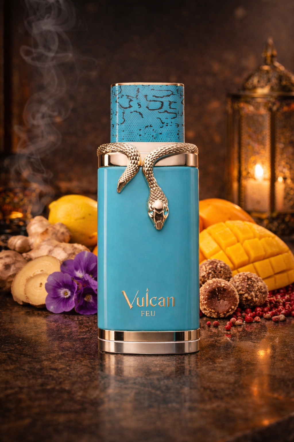 Vulcan Feu by French Avenue perfume bottle displayed with fresh mango in the background, highlighting its fruity mango scent note within a bold, warm fragrance composition