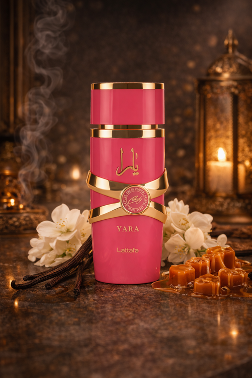 Yara Candy by Lattafa fragrance bottle with floral and cinnamon notes, warm sweet gourmand perfume for women
